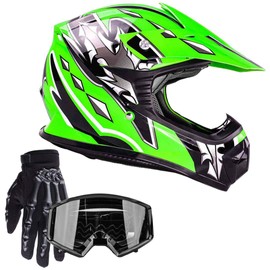 Typhoon Youth Kids Offroad Gear Combo Helmet Gloves Goggles DOT Motocross ATV Dirt Bike Motorcycle Green Black, X-Large