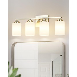 ASLAINY Brushed Nickel Bathroom Lighting Fixtures Over Mirror, 4-Light Vanity Lights with Milky White Glass Shade, 24 Inches Modern Wall Sconce Lighting for Bathroom Living Room, E26 Base, VN8301-4BN