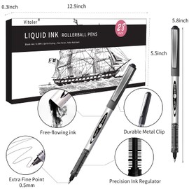 VITOLER Rollerball Pens Fine Point Quick-Drying, Set of 28 Black Liquid Ink, Extra Fine 0.5 mm Bullet Point Pen, Make Precise Lines, School & Office Supplies for Writing, Notetaking, and Drawing