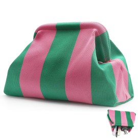 Clutch Pink, Striped Bag, Make Up Bag, Small, Pink and Green Striped Cosmetic Bag, Polyester Material, Soft and Comfortable, for Storing Cosmetics, Daily Adjustment (30 x 19 x 10 cm), pink + green
