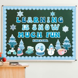 Mosailles 66PCS Winter Bulletin Board Kit Snowflakes Boarders Snowman Cutouts Learning is Snow Much Fun Decoration Set Gloves Hat Hot Coco Boots Cedars Wall Decor for Classroom School Office