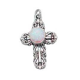 Auntie's Treasures Sterling Silver Womens 24" 1mm Box Chain Filigree Simulated Opal Christian Cross Pendant Necklace