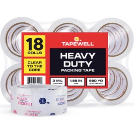 TAPEWELL Clear Packing Tape, 1.88 Inches x 54.6 Yards, Heavy Duty Tape with 3'' Core, Pack of 18
