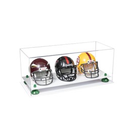 Better Display Cases Acrylic Three Mini - Miniature Football Helmets (not Full Size) Display Case with Clear Case, Green Risers and White Base 19.25" x 8.25" x 8" (V47/A103)
