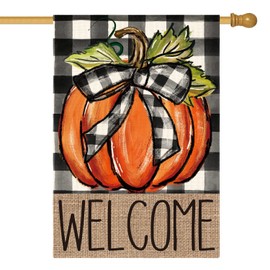 AVOIN colorlife Fall Pumpkin Welcome House Flag Double Sided, Autumn Thanksgiving Holiday Harvest Buffalo Plaid Yard Outdoor Decoration 28x40 Inch