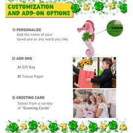 DolliBu Pink Seahorse Stuffed Animal with Green Plush Shamrock - Cute Green Shamrock Plush St Patricks Day Stuffed Animal Seahorse, Good Luck St Patricks Day Toys for Kids, Baby - 15 Inches