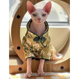 Traditional Culture Sphynx Hairless Cat Cotton T-Shirts Cat Clothes Pet Sweater Cat Vest Pet Clothes Kitten Shirts Cats & Small Dogs Apparel (White Petunia Chi-Pao, XL (9-13 lbs))