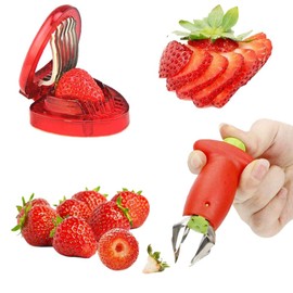 Strawberry Slicer, Strawberry Huller, Strawberry Pedicle Remover, Stainless Steel, for Kitchen Fruit Processing, Tomato Pedicle Removal, Strawberry Cutting (Red)