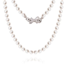 BURLAP LIFE 2024 New Freshwater Cultured AAAA Quality Genuine Real Pearl Strand Necklace for Women Fine Jewelry Valentine's Day Gifts for Her 16inch 6.5-7.5mm Zircon Bow Buckle