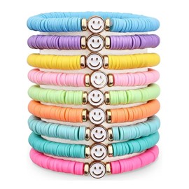 Hebterrka Friendship Bracelets for Women, Heishi Surfer Colourful Smile Evil Eyes Clay Beads Stretch Bracelets Elastic Layering Y2K Aesthetics Set, multicoloured