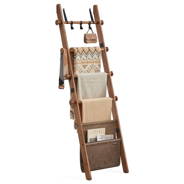 VASAGLE Blanket Ladder for Living Room, 5-Tier Wooden Ladder Shelf,