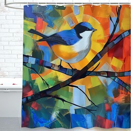 cromcu Bird Shower Curtain for Bathroom Colorful Abstract Birds in Tree Art Shower Curtain with 12 Hooks, Bird Polyester Shower Curtain Machine Washable Waterproof 72 x 72 inch for Kids Adults