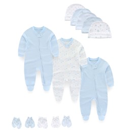 MAMIMAKA Newborn Baby Clothes Sleepsuit Set 2-Way Zip Cotton Footed Pajamas, Caps and Scratch Mittens 0-6 Months