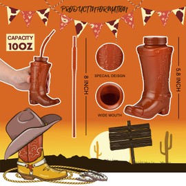 ALINK Cowboy Boot Cups with Straws and Lids, 12pcs 10oz Kids Party Cowboy Cups for Western Rodeo Themed Party Favor, Birthday, Holiday, Events Supplies and Decorations - Brown