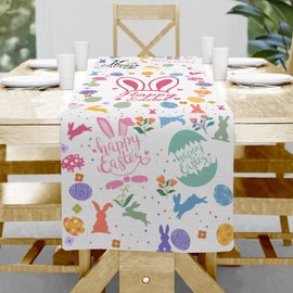 Happy Easter Table Runner,Easter Rabbits Linen Farmhouse Table Runners,Easter Eggs Kitchen Dining Table Runner Dresser Scarves for Coffee Dining Sofa End Table Bedroom Home Living Room Decor