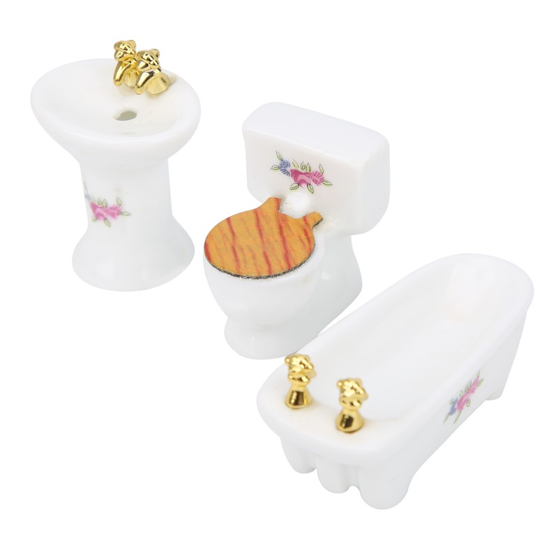 1/24 Dollhouse Miniature Bathroom Set Simulation Ceramic Bathtub Toilet Sink
