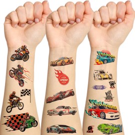 CCINEE 12 Sheets Truck Temporary Tattoos for Kids,87 Pcs Luminous Groovy Racing Car Trophy Wheel Checkered Flag Tattoo Stickers for Birthday Party Supplies Classroom Rewards
