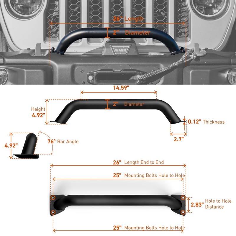 RockTrix Black Front Brush Guard, 3.12 inch Height to Clear