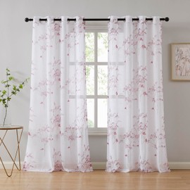 LinenZone Sheer Printed White Curtains with Pink Leaf Design. White Farmhouse Curtains for Living Room. (Katia 54 x 84, Pink)
