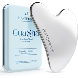 PLANTIFIQUE - Herramienta facial Gua Sha de acero inoxidable, herramienta de masaje de piel para cara, cuerpo, ojos y cuello, forma de corazón con bolsa de viaje, regalo para el cuidado de la piel