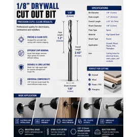 Drywall Cut Out Bit 1/8 Inch Guidepoint Rotary Router Tool Cutting Bit HSS Cutout Saw Drill Bit for Gypsum Board-50Pcs