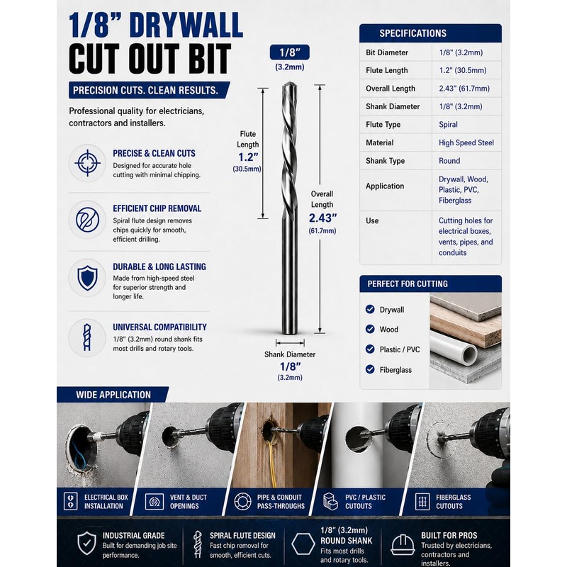 Drywall Cut Out Bit 1/8 Inch Guidepoint Rotary Router Tool