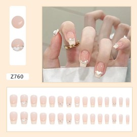 French False Nails - Pearl Decoration French Press on Nails - Full Cover False Nails Christmas Square Stick on Nails with Glue - French Fake Nails (Milk Yellow French, 1)