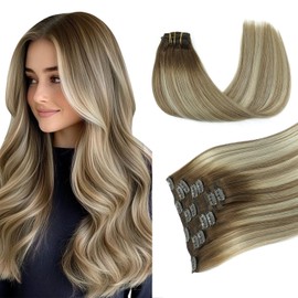 Pinkpearl Clip in Human Hair Extensions #3/8/22 Balayage Walnut Brown to Ash Brown and Golden Blonde Clip in Hair Extensions Real Human Hair 7pcs 120g 22inches Human Hair Extensios Clip ins(#3/8/22,22)