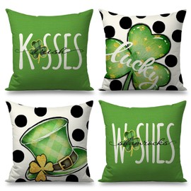FUYUCHEN St Patricks Day Pillow Covers 18x18 Set of 4 Lucky Clovers Shamrocks Polka Dots Green Throw Pillows Decorative Pillow Cases for Home Sofa Couch Farmhouse Holiday St Patricks Day Decorations