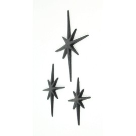 Zeckos Set of Three Black Cast Iron 8 Pointed Wall Hangings Mid Century Modern Stars MCM Decor Accents - Easy Install - Ideal for Vintage, Beach, or Nautical Themes