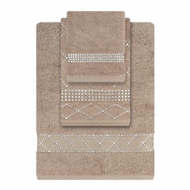 Sparkles Home Atlas 3-Piece Towel Set, 100% Turkish Cotton, Glass Rhinestones, Machine Washable, One Bath, One Hand, One Tip Towel, Taupe