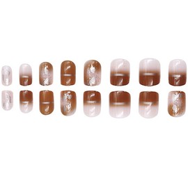 Glitter Gold Foil Design Square Press on Nails Short Fake Nails French Acrylic Full Cover False Nails for Women and Girls 24PCS(Light Brown)