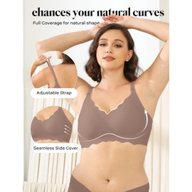 COMFELIE Seamless Wireless Bra with Soft Fabric Lace Trim and Adjustable U-Back Straps Coffee