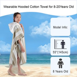 VOOVA & MOVAS Big Kids Hooded Towel Robe | Large (8-16Years) Thick and Absorbent Cotton Poncho for Pool, Swim, and Bath - Beige and White Cabana