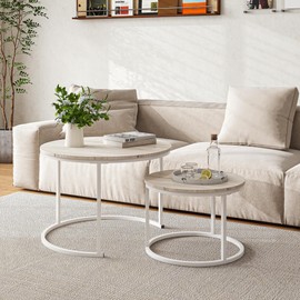 HOJINLINERO Round Coffee Table Set of 2 End Tables for Living Room,Modern White Coffee Table Nesting Tables,Living Room Tables Wood Furniture Metal Frame,Sturdy Stacking Side Tables,Easy Assembly,Oak