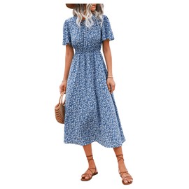 Floerns Women's Casual Floral Print Crewneck Short Sleeve A Line Boho Maxi Dress B-Blue Floral XXL