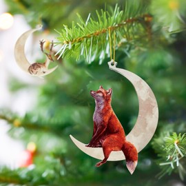 Animals Sitting On The Moon Ornaments for Christmas Tree - Double-Printed Fox Christmas Ornaments - Acrylic Fox Hanging Ornament - Fox Christmas Decor - Christmas Fox Gifts - Gifts for Fox Lovers