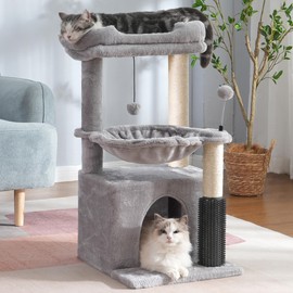 Pawfessor Cat Tree 32 Inches Small Cat Tower with Large Hammock Dia 15.7”,Self Groomer, Fully Scratching Post, Removable Top Bed and Wide Hideway Condo for Indoor Cats-Gray