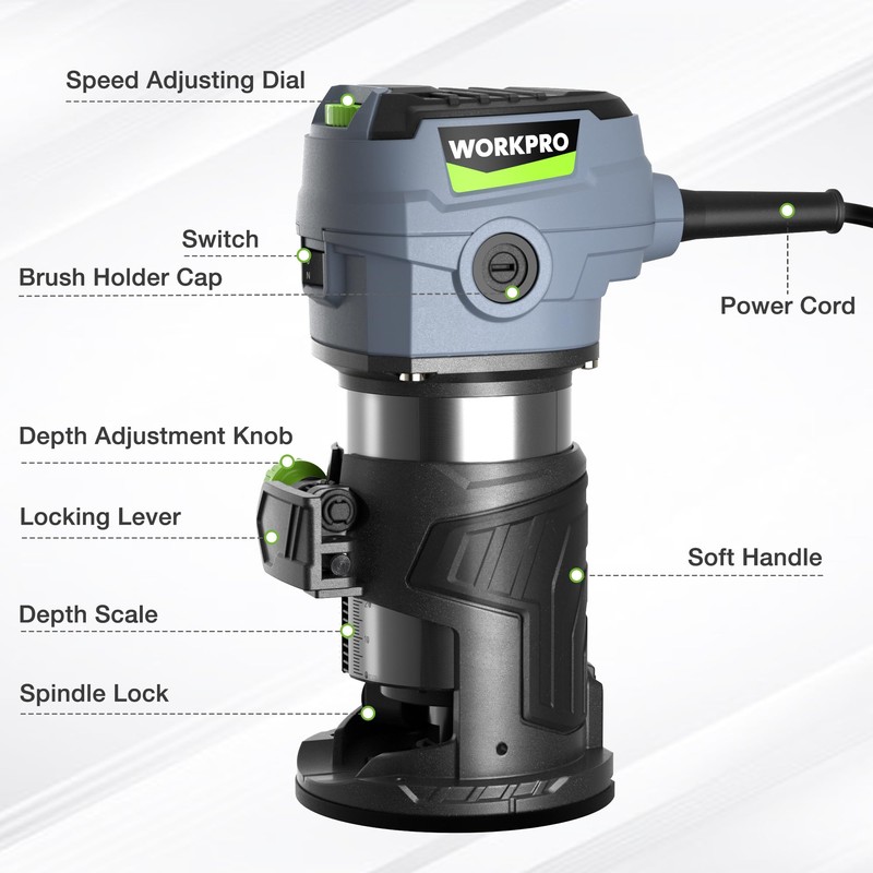 WORKPRO Compact Router Kit, 6.5 Amp Corded Hand Trimmer Router