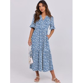 ANRABESS Women's Casual Summer Ruffle Short Sleeve T Shirts Maxi Dress 2025 Spring V Neck Flowy Tiered Boho Beach Dresses Blue White Floral Large