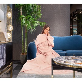 Olivia Rocco Wearable TV Blankets Soft Cosy Fleece Slankets Unisex Women Men Fluffy Plush Throws with Sleeves and Pocket Winter Adults Throw Blanket for Bed Sofa Couch 140x183cm, Blush Pink