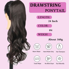 Samtress Ponytail Extension 24 Inch Drawstring Ponytail Extension Dark Brown Long Wavy Layered Pony Tails Hair Extensions Synthetic for Women Clip in Ponytail Hairpiece for Daily Use Party (#4)