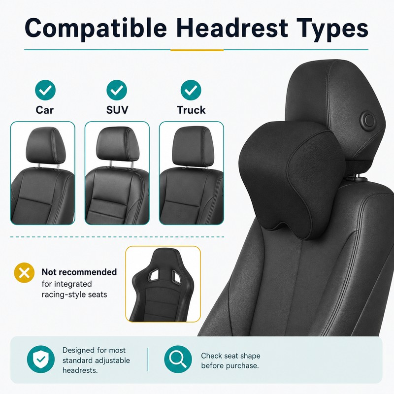 Memory Foam Car Neck Pillow with Adjustable Headrest Strap, Removable