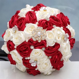 Gkvszy Bridal Wedding Bouquet with Rhinestone Brooch Pearl Bouquet for Bride Bridesmaid Quinceanera Rose Flower Bridal Bouquet Wedding Burgundy and Ivory 8.7in