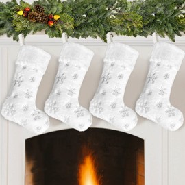 Deggodech White Faux Fur Christmas Stockings Set of 4 Large 22 inches Plush Christmas Hanging Stockings with Silver Sequins Snowflake for Xmas Tree, Fireplace, Home Decorations