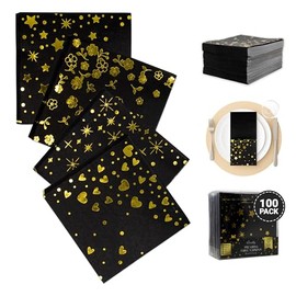 Decorably 100 Pack 3-Ply Cocktail Gold and Black Napkins Disposable - 5x5in 4 Elegant Designs for Tea Party, Garden Party, Birthday, Graduation, Wedding - Appetizers, Beverages