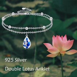 VONALA Blue Enamel Lotus Flower Anklet for Women Sterling Silver Lotus Ankle Bracelet Double Layered Chain Lotus Jewelry Gifts for Her