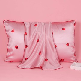 THXSILK Silk Pillowcase, 19 Momme Mulberry Silk, Strawberry Decorative, Best for Skin and Hair, Ultra Smooth Durable - Twin, Pink