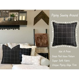 CARRIE HOME Black and White Plaid Linen Throw Pillow Covers 24x24 Set of 2, Black Buffalo Checkered Decorative Farmhouse Pillow Cover 24 x 24, Black Boho Couch Decor