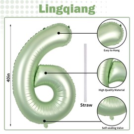 Sage Green Number 6 Balloons, 40 In Large Olive Green Number 6 Foil Helium Balloons for Girls Women, Self Inflating Number Balloons 0-9 for Men Boys 6th 16th Birthday Jungle Safari Party Decoration